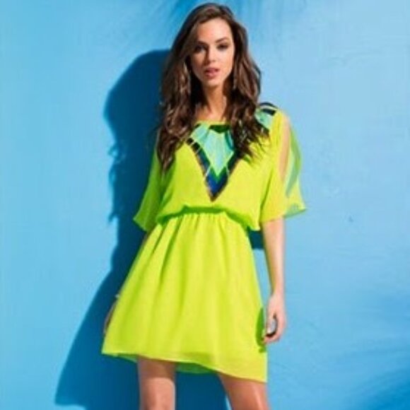 Bebe Neon Green Sequin Cold Shoulder Dress SZ XS/TP - Picture 1 of 9